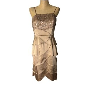 Y2K Cachet Spaghetti Strap Cocktail Dress Gold Tier Ruffles Sequin Sparkly Sz 4